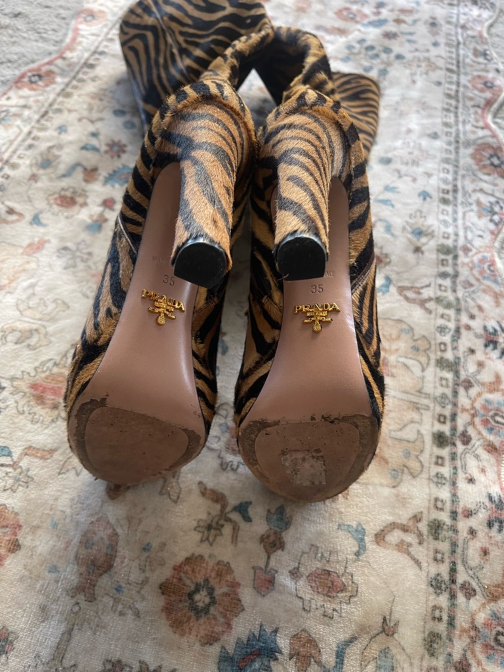 Prada Brown and Black Zebra-Print Knee High Pony Hair Platform Boots - Picture 13 of 13